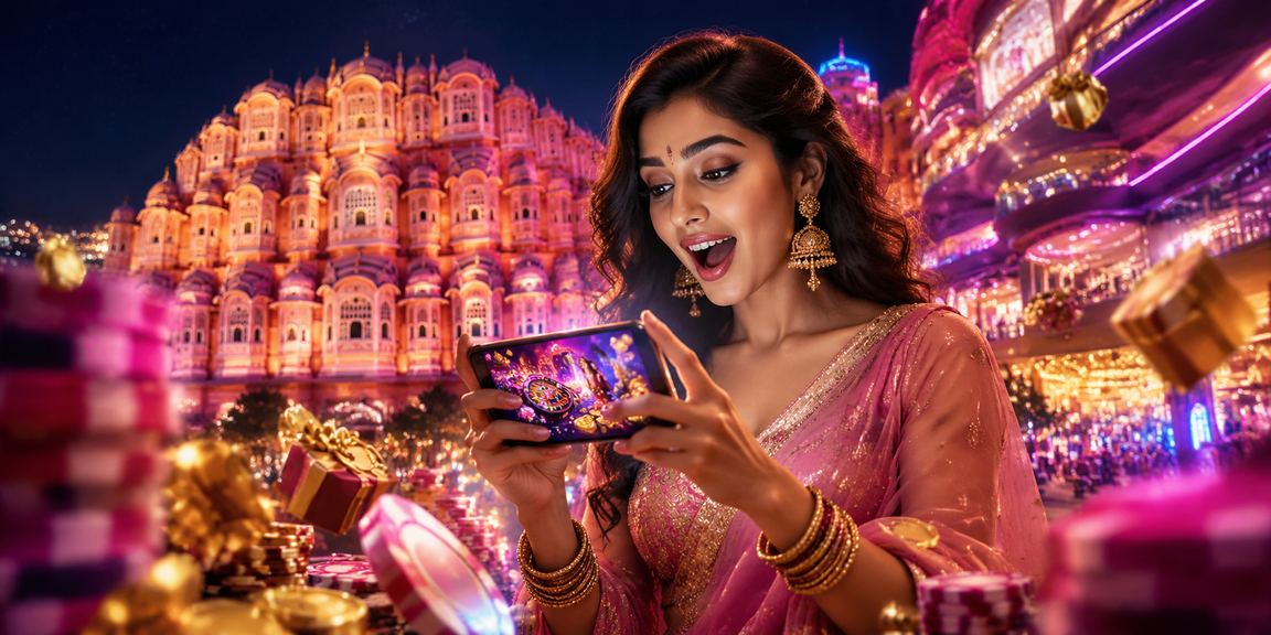 Night neon view of Jaipur Hawa Mahal lit with gaming theme